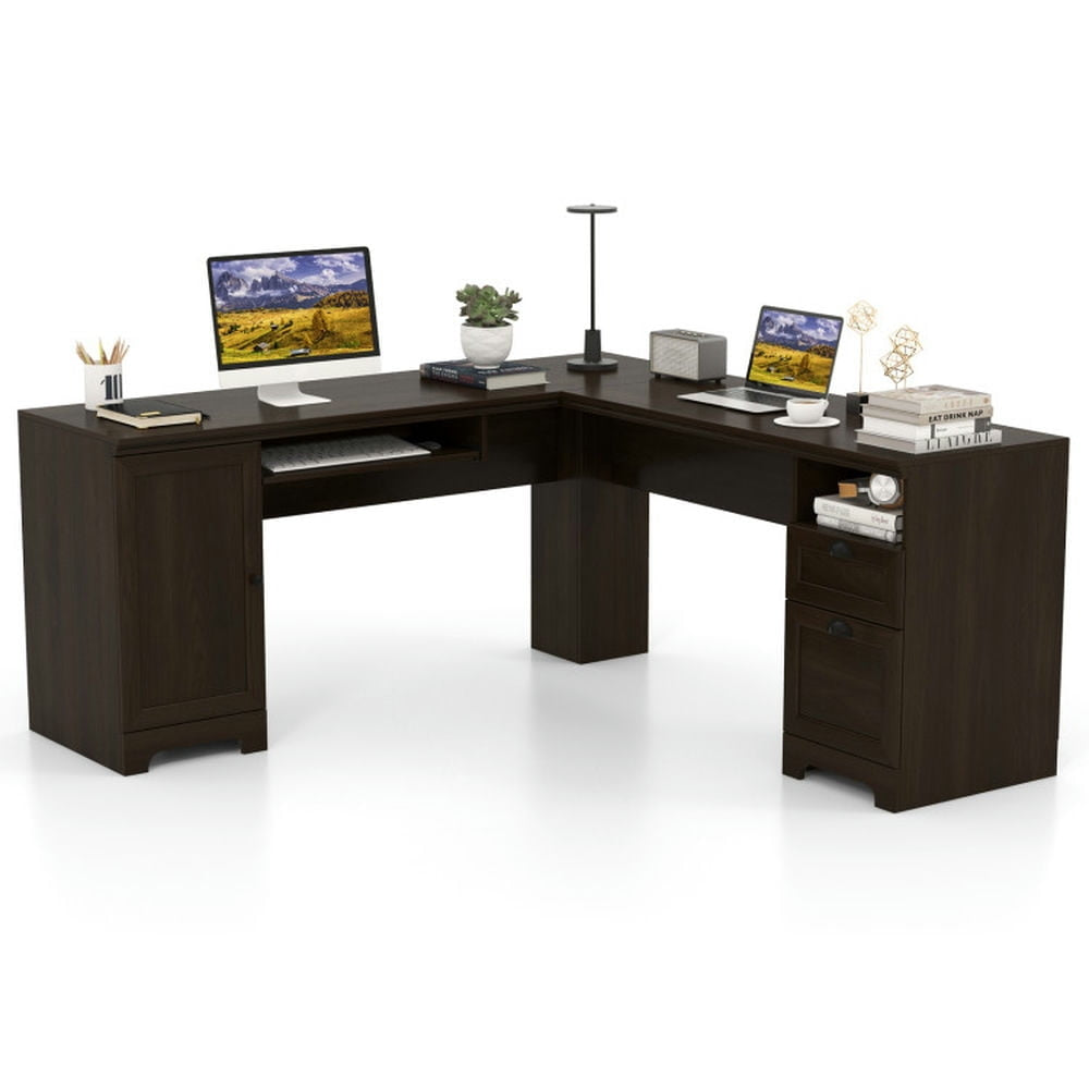 Hommoo 66 Inch L-Shaped Writing Study Workstation Computer Desk with Drawers-Coffee, Gaming Computer Desks for Image 1