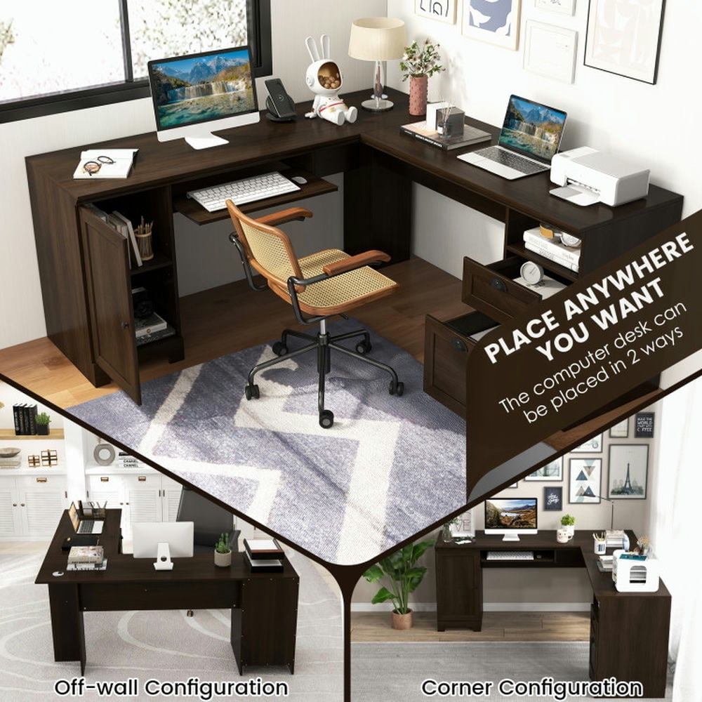 Hommoo 66 Inch L-Shaped Writing Study Workstation Computer Desk with Drawers-Coffee, Gaming Computer Desks for Image 4