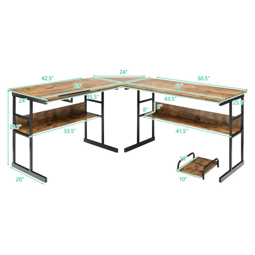 Hommoo L-Shaped Computer Desk with Tiltable Tabletop-Rustic Brown, Home Office Desks, Gaming Computer Desks for Image 3