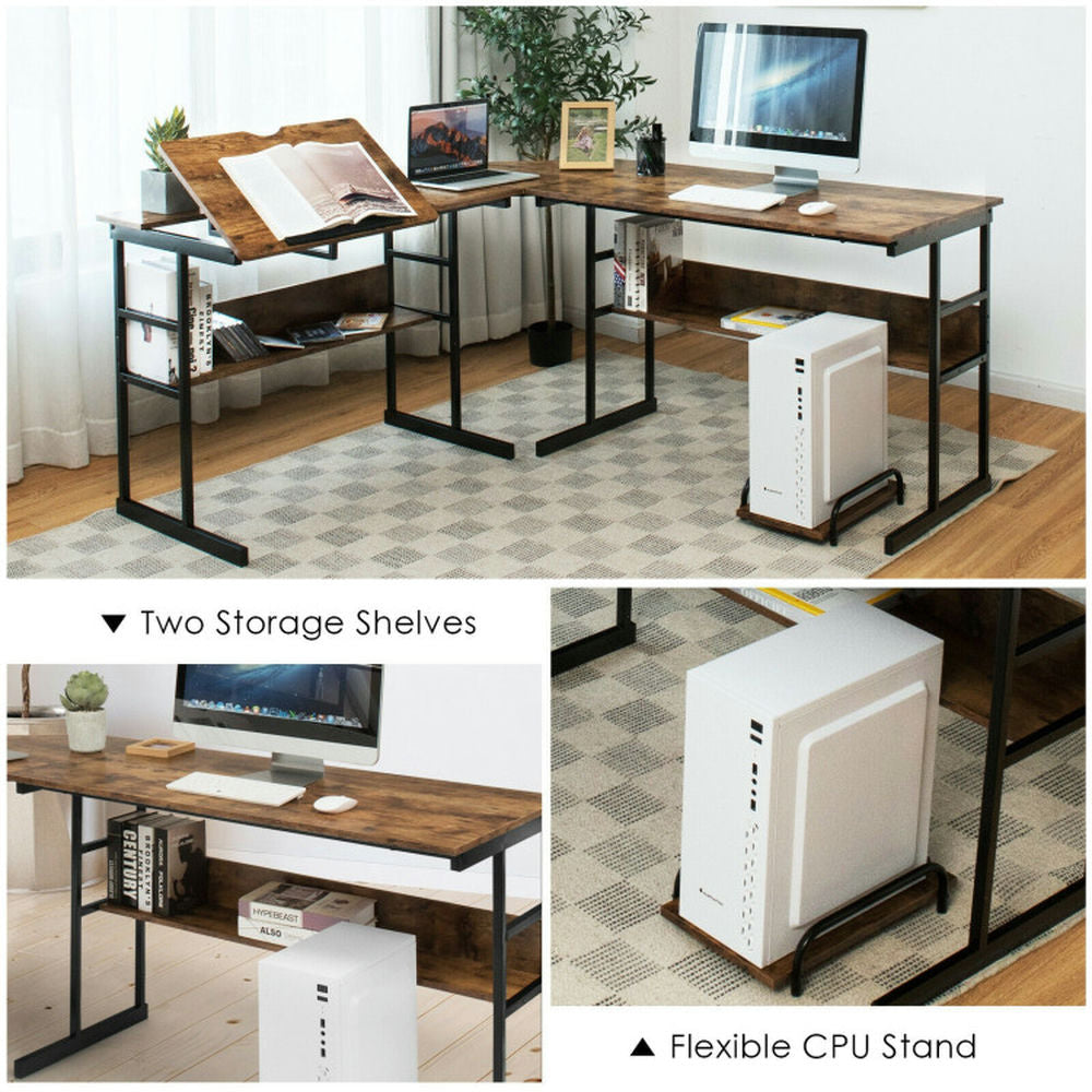 Hommoo L-Shaped Computer Desk with Tiltable Tabletop-Rustic Brown, Home Office Desks, Gaming Computer Desks for Image 4