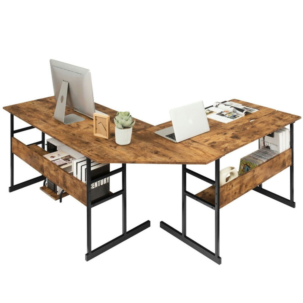 Hommoo L-Shaped Computer Desk with Tiltable Tabletop-Rustic Brown, Home Office Desks, Gaming Computer Desks for Image 5