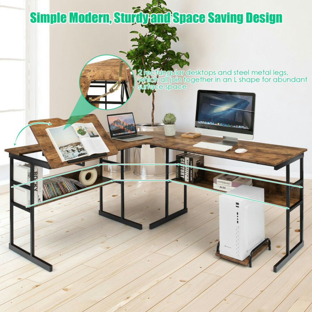 Hommoo L-Shaped Computer Desk with Tiltable Tabletop-Rustic Brown, Home Office Desks, Gaming Computer Desks for Image 6