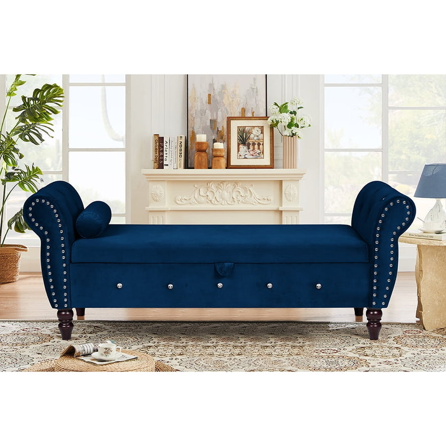 Hommoo 63.38"Velvet Multifunctional Storage Rectangular ottoman bench Comes with crystal buckle Solid Wood Legs with 1 Image 1