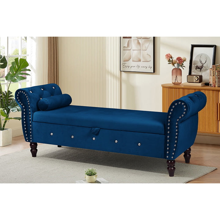 Hommoo 63.38"Velvet Multifunctional Storage Rectangular ottoman bench Comes with crystal buckle Solid Wood Legs with 1 Image 5