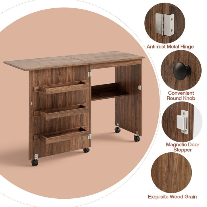 Hommoo Folding Sewing Craft Table Shelf Storage Cabinet Home Furniture-Brown, Gaming Computer Desks for Image 3