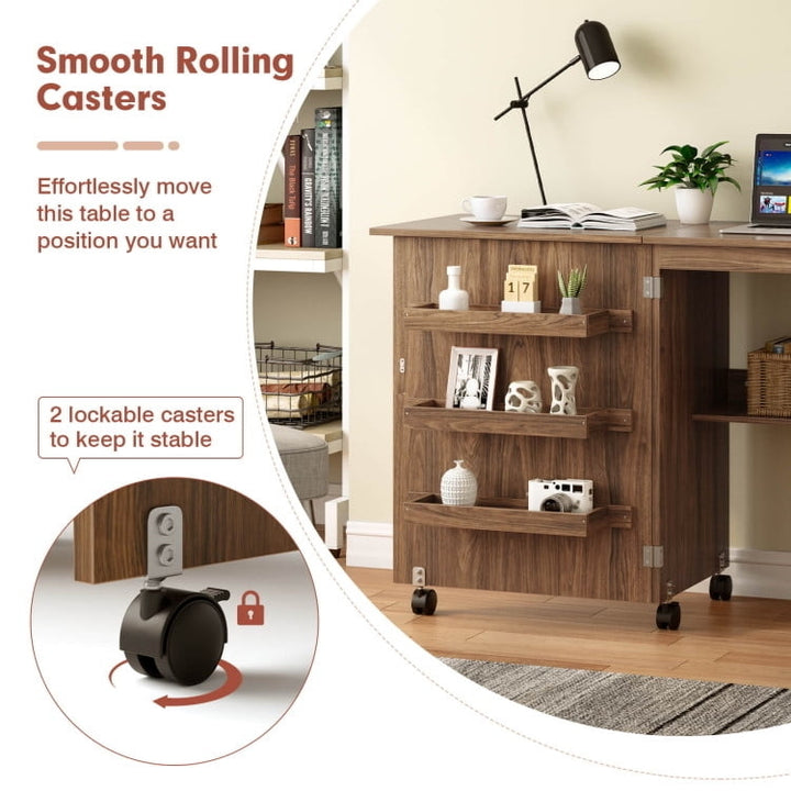 Hommoo Folding Sewing Craft Table Shelf Storage Cabinet Home Furniture-Brown, Gaming Computer Desks for Image 4