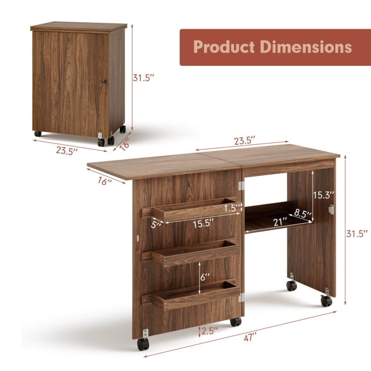 Hommoo Folding Sewing Craft Table Shelf Storage Cabinet Home Furniture-Brown, Gaming Computer Desks for Image 6