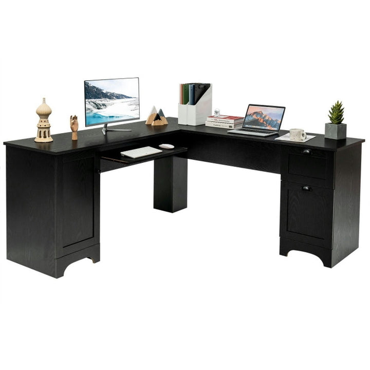 Hommoo 66 x 66 Inch L-shaped Corner Computer Desk with Drawers-Black, Home Office Desks, Gaming Computer Desks for Image 1