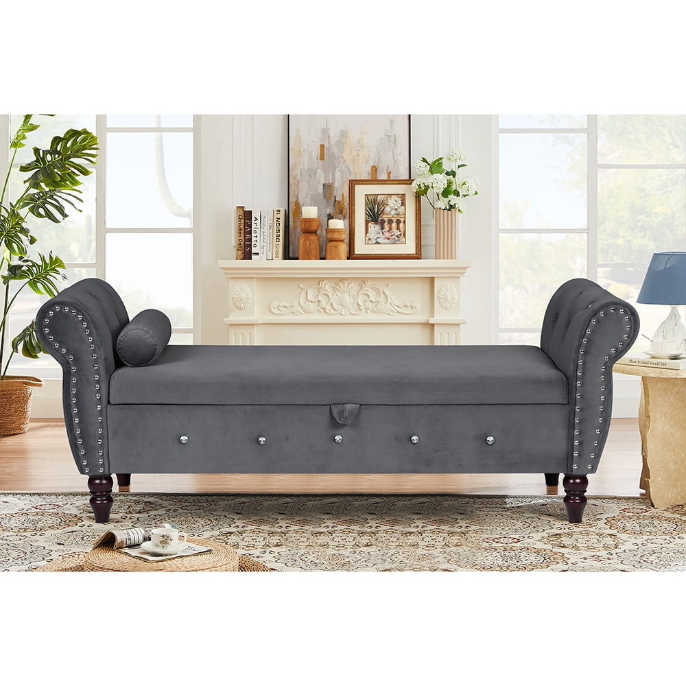 Hommoo 63.38"Velvet Multifunctional Storage Rectangular ottoman bench Comes with crystal buckle Solid Wood Legs with 1 Image 1