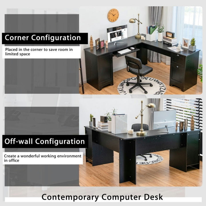 Hommoo 66 x 66 Inch L-shaped Corner Computer Desk with Drawers-Black, Home Office Desks, Gaming Computer Desks for Image 3