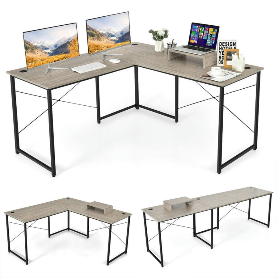 Hommoo 95 Inch 2-Person L-Shaped Long Reversible Computer Desk with Monitor Stand-Gray, Gaming Computer Desks for Image 1