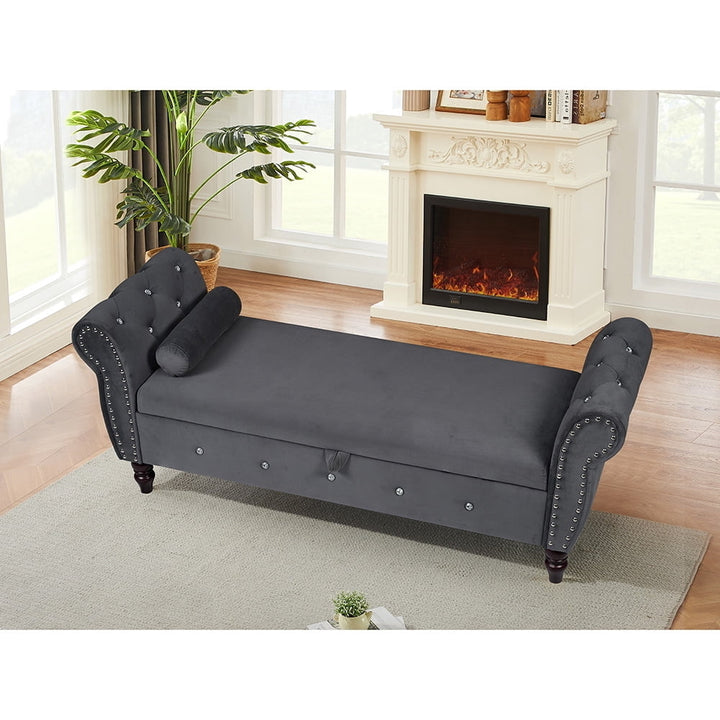 Hommoo 63.38"Velvet Multifunctional Storage Rectangular ottoman bench Comes with crystal buckle Solid Wood Legs with 1 Image 4