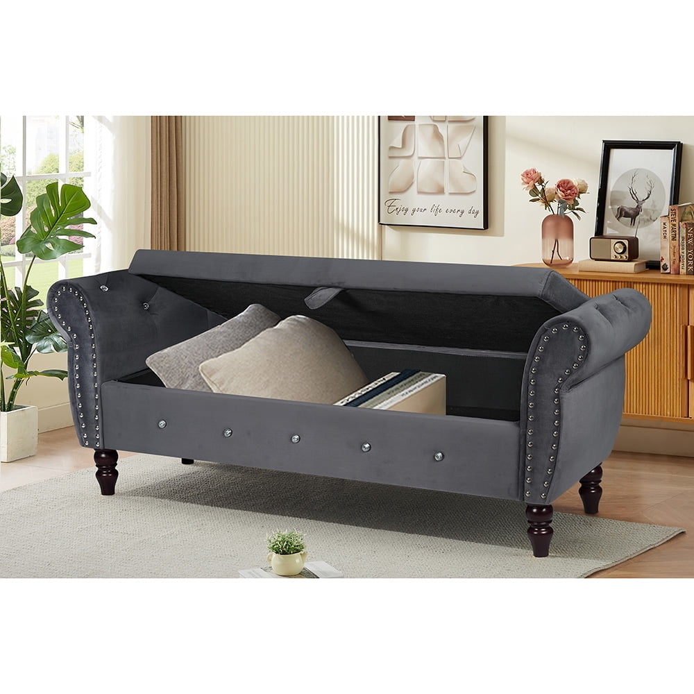 Hommoo 63.38"Velvet Multifunctional Storage Rectangular ottoman bench Comes with crystal buckle Solid Wood Legs with 1 Image 5