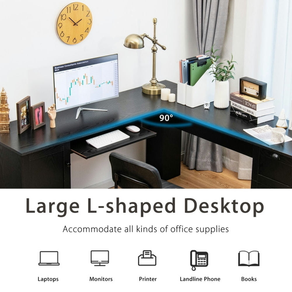 Hommoo 66 x 66 Inch L-shaped Corner Computer Desk with Drawers-Black, Home Office Desks, Gaming Computer Desks for Image 5