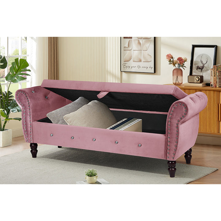 Hommoo 63.38"Velvet Multifunctional Storage Rectangular ottoman bench Comes with crystal buckle Solid Wood Legs with 1 Image 2