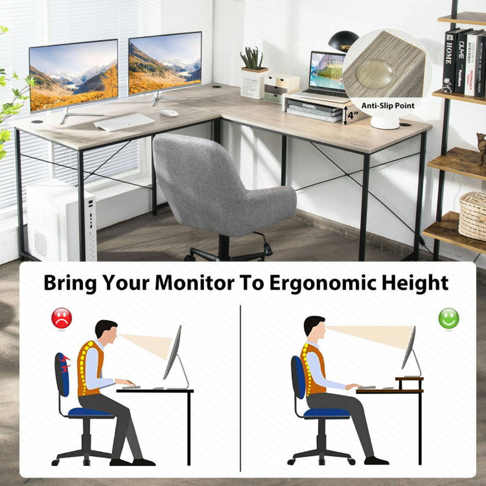 Hommoo 95 Inch 2-Person L-Shaped Long Reversible Computer Desk with Monitor Stand-Gray, Gaming Computer Desks for Image 4