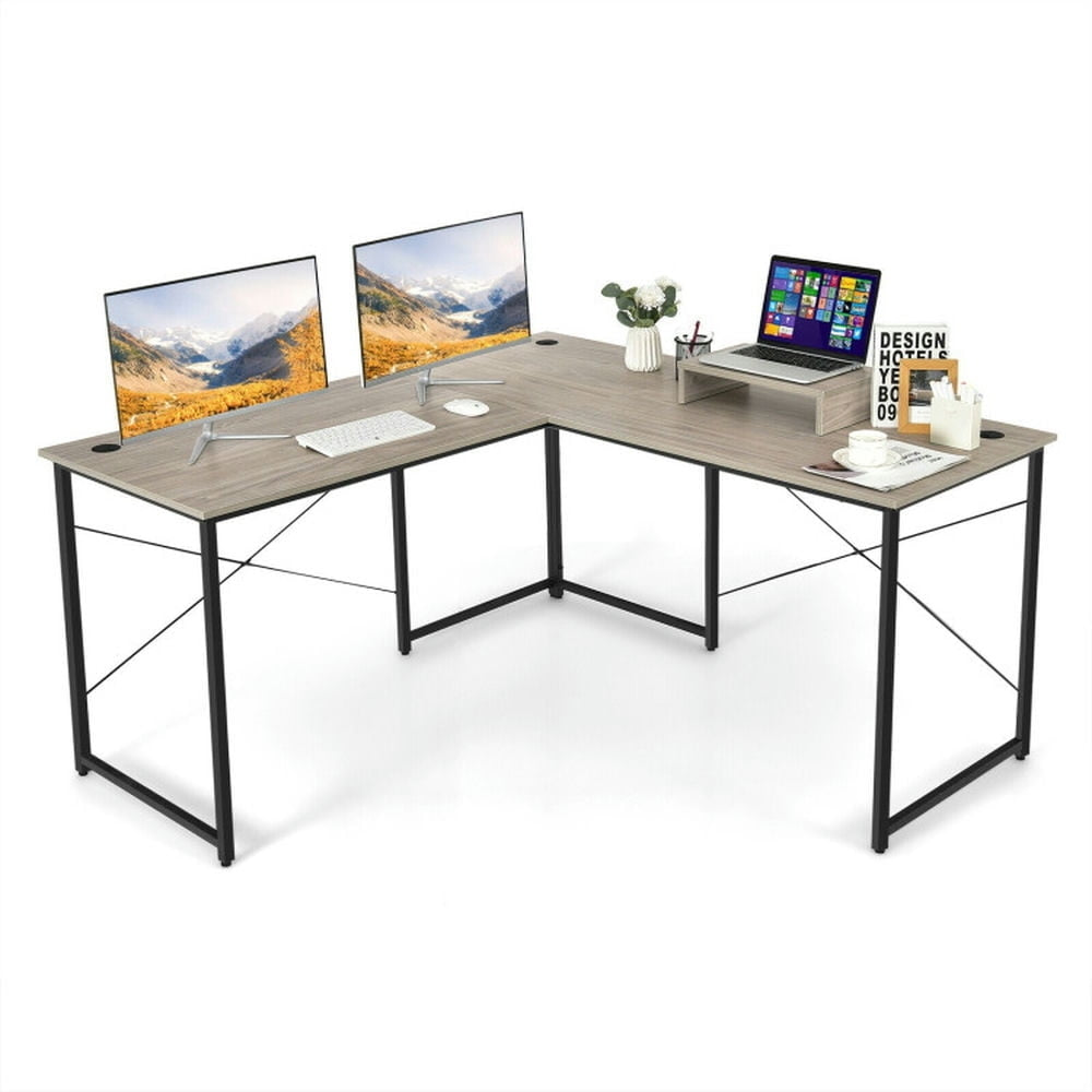 Hommoo 95 Inch 2-Person L-Shaped Long Reversible Computer Desk with Monitor Stand-Gray, Gaming Computer Desks for Image 5