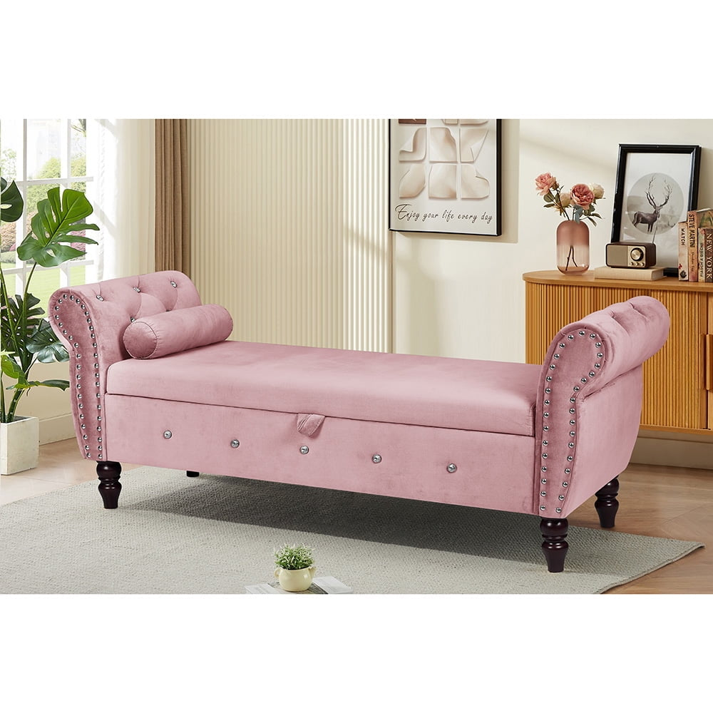 Hommoo 63.38"Velvet Multifunctional Storage Rectangular ottoman bench Comes with crystal buckle Solid Wood Legs with 1 Image 6