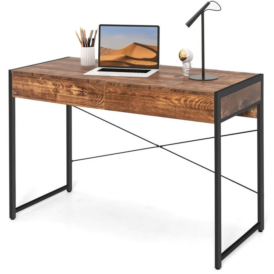 Hommoo 2-Drawer Home Office Desk with Steel Frame-Brown, Home Office Desks, Gaming Computer Desks for Image 1