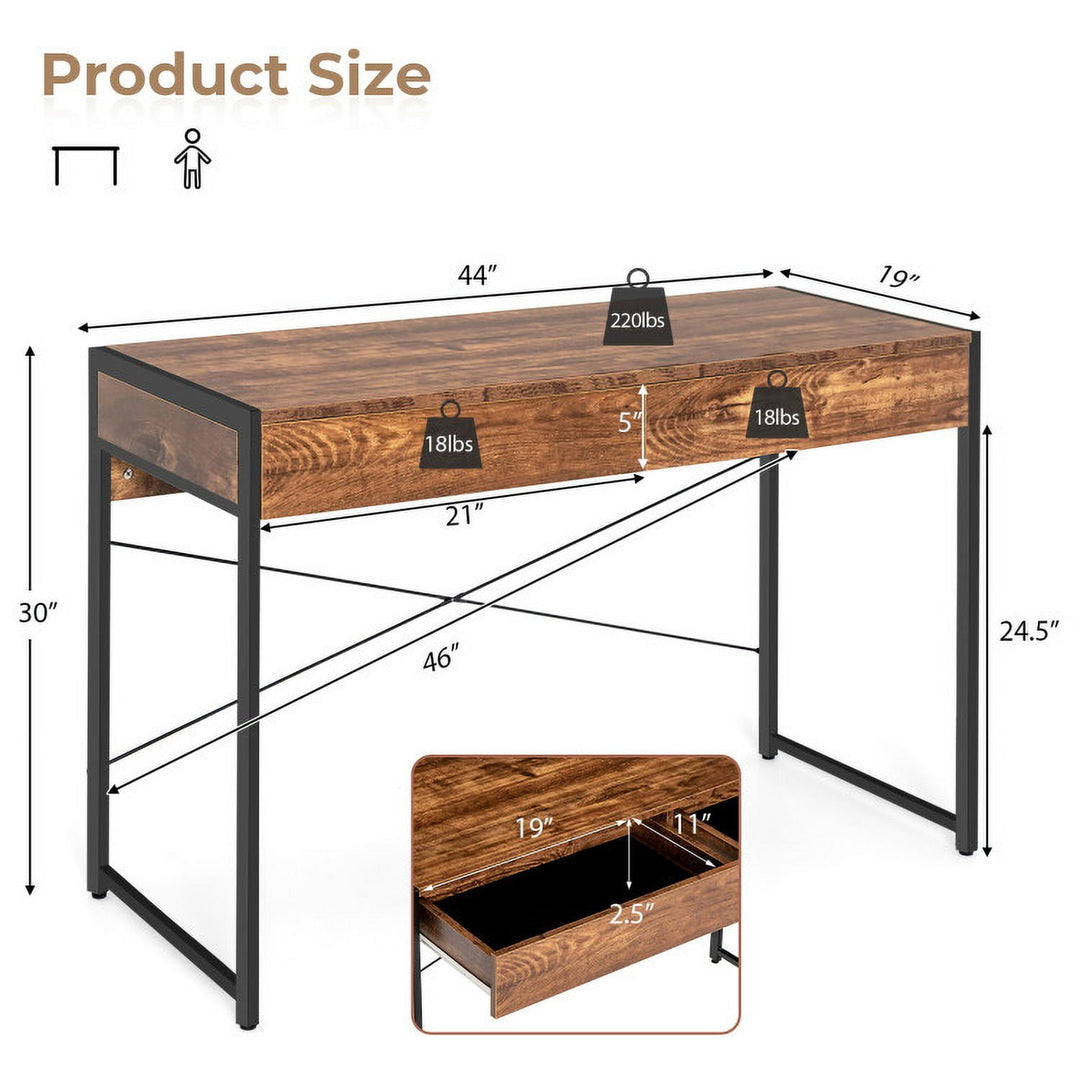 Hommoo 2-Drawer Home Office Desk with Steel Frame-Brown, Home Office Desks, Gaming Computer Desks for Image 3