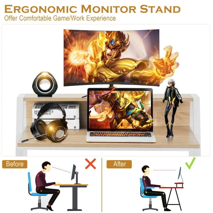 Hommoo 2 Tier Computer Desk PC Laptop Table Study Writing Home Office Workstation -Natural, Gaming Computer Desks for Image 6