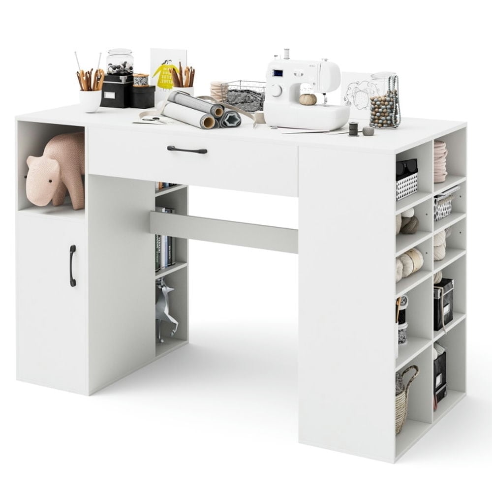 Hommoo Counter Height Sewing Craft Table Computer Desk with Adjustable Shelves and Drawer-White Image 1