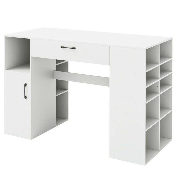 Hommoo Counter Height Sewing Craft Table Computer Desk with Adjustable Shelves and Drawer-White Image 2