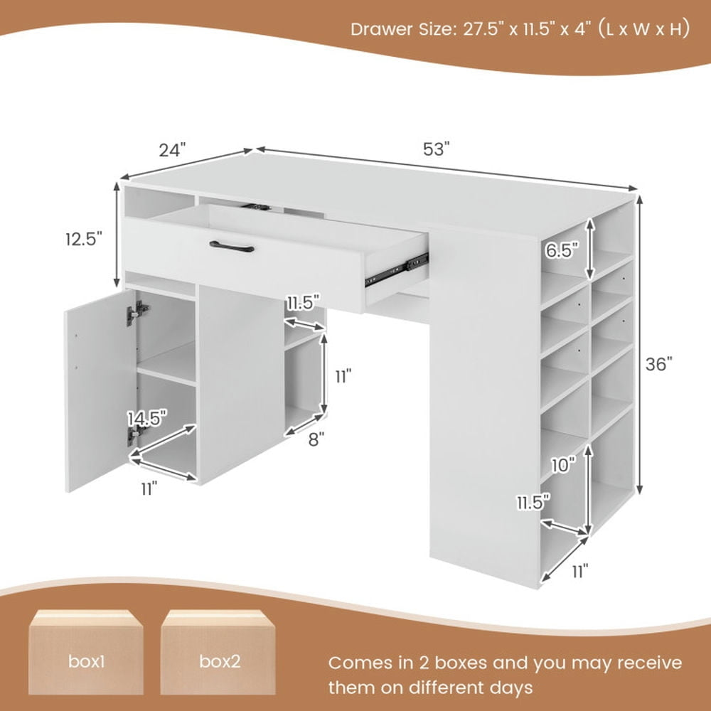 Hommoo Counter Height Sewing Craft Table Computer Desk with Adjustable Shelves and Drawer-White Image 3