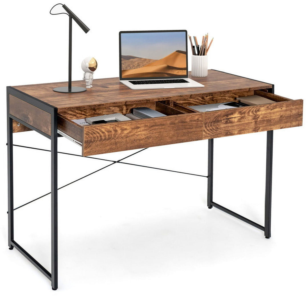 Hommoo 2-Drawer Home Office Desk with Steel Frame-Brown, Home Office Desks, Gaming Computer Desks for Image 5