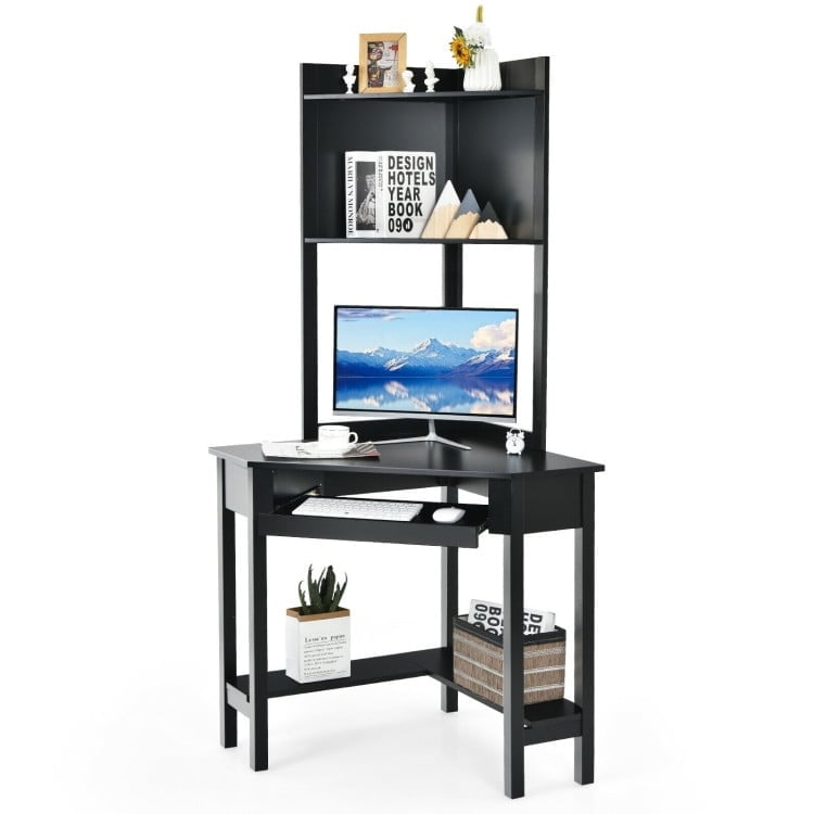 Hommoo Corner Computer Desk with Hutch and Storage Shelves-Black, Home Office Desks, Gaming Computer Desks for Image 1