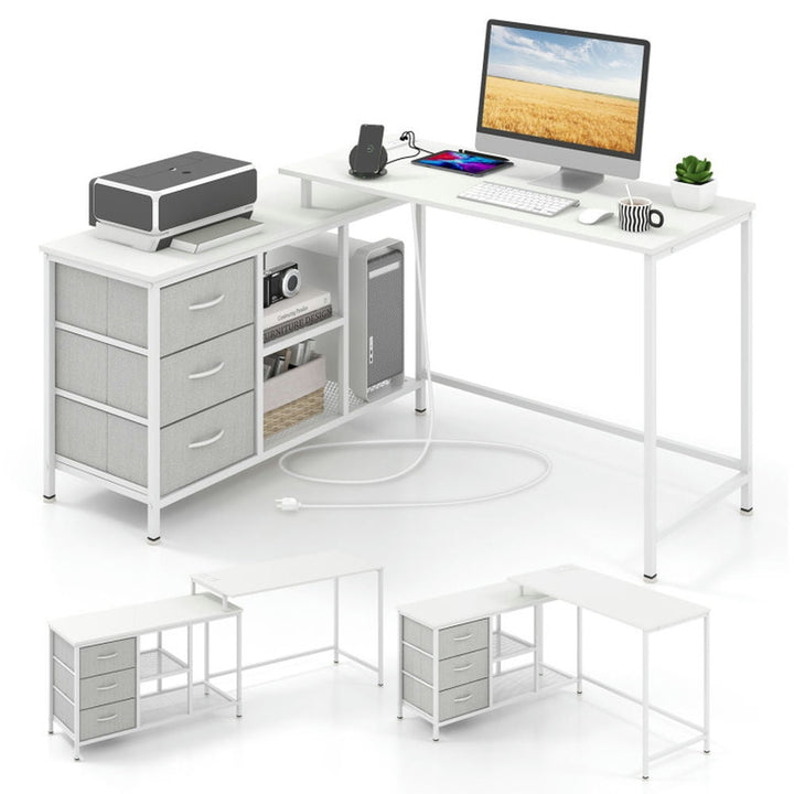 Hommoo L-shaped Computer Desk with Power Outlet for Working Studying Gaming-White, Gaming Computer Desks for Image 1