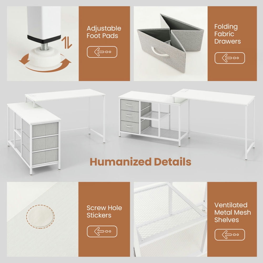 Hommoo L-shaped Computer Desk with Power Outlet for Working Studying Gaming-White, Gaming Computer Desks for Image 2