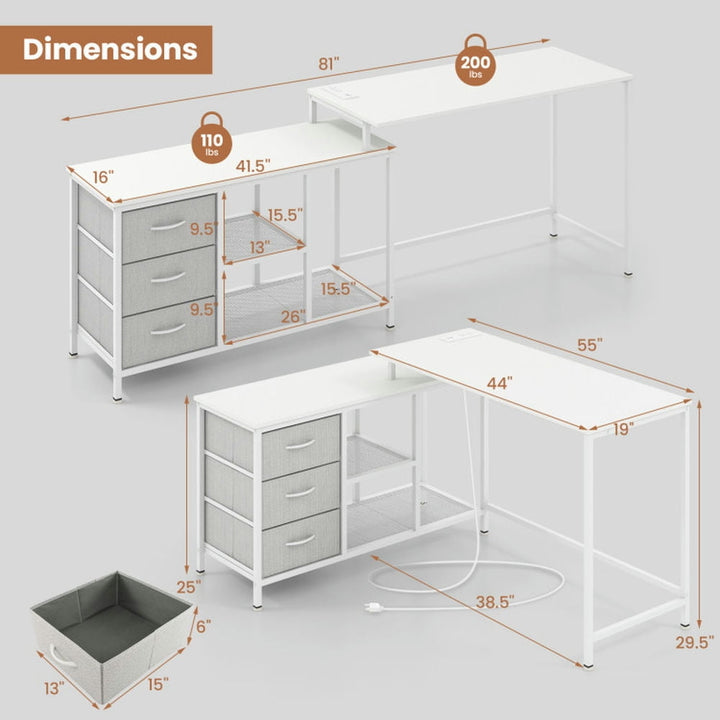 Hommoo L-shaped Computer Desk with Power Outlet for Working Studying Gaming-White, Gaming Computer Desks for Image 3