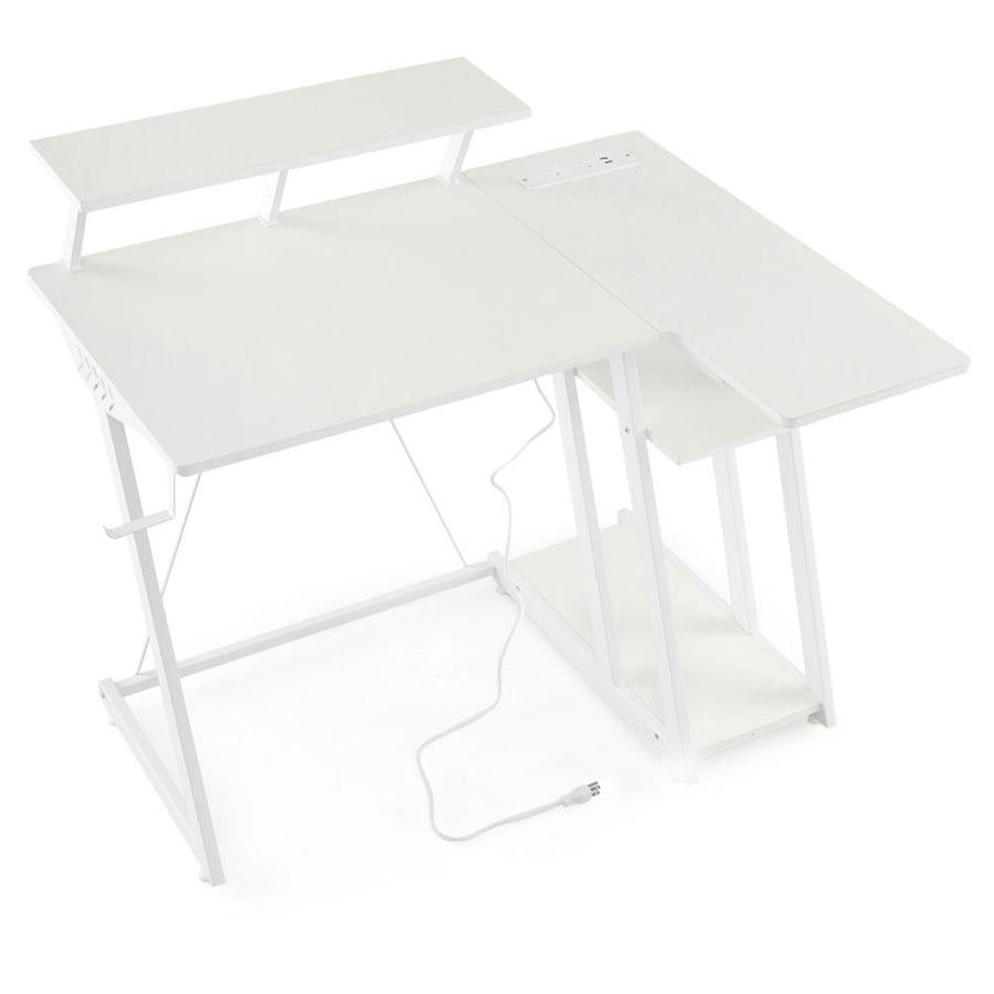 Hommoo L Shaped Gaming Desk with Outlets and USB Ports-White, Home Office Desks, Gaming Computer Desks for Image 1