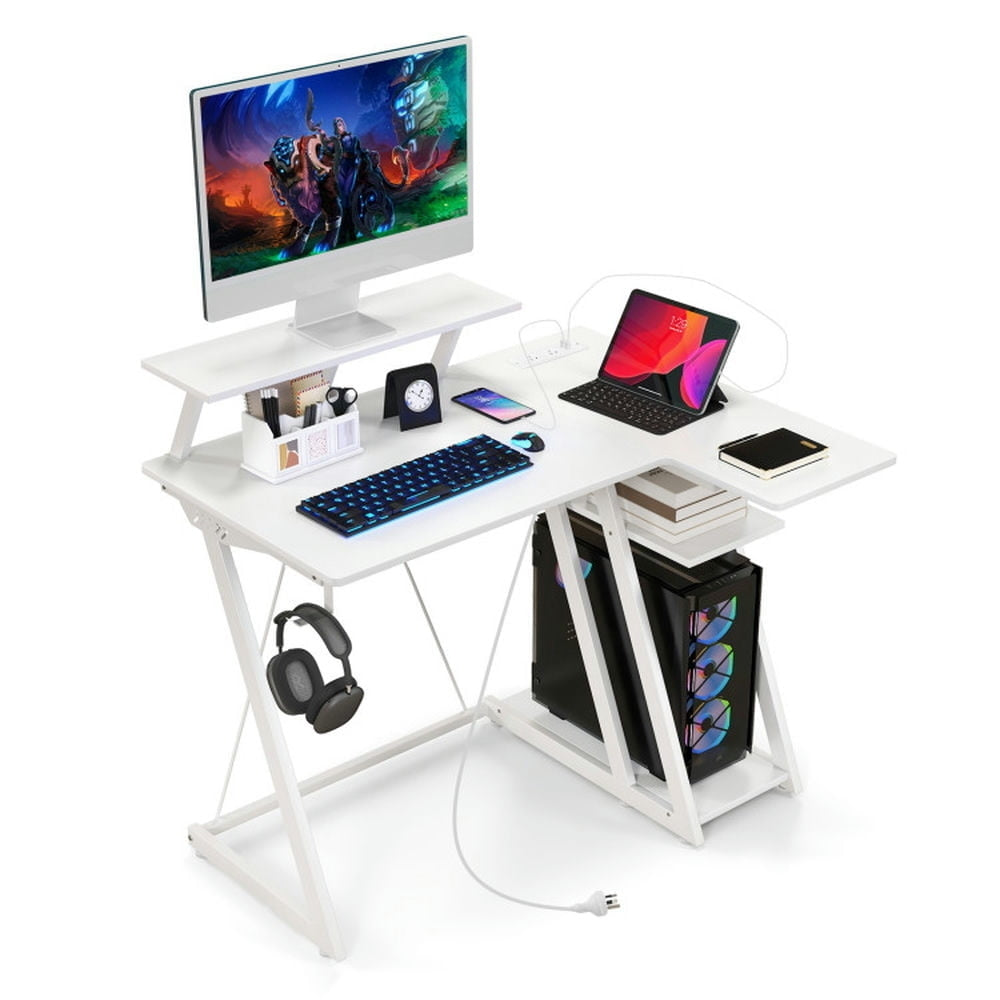 Hommoo L Shaped Gaming Desk with Outlets and USB Ports-White, Home Office Desks, Gaming Computer Desks for Image 3