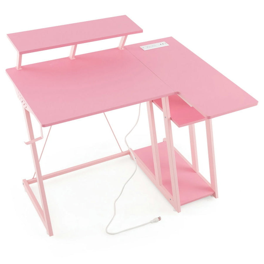 Hommoo L Shaped Gaming Desk with Outlets and USB Ports-Pink, Home Office Desks, Gaming Computer Desks for Image 1