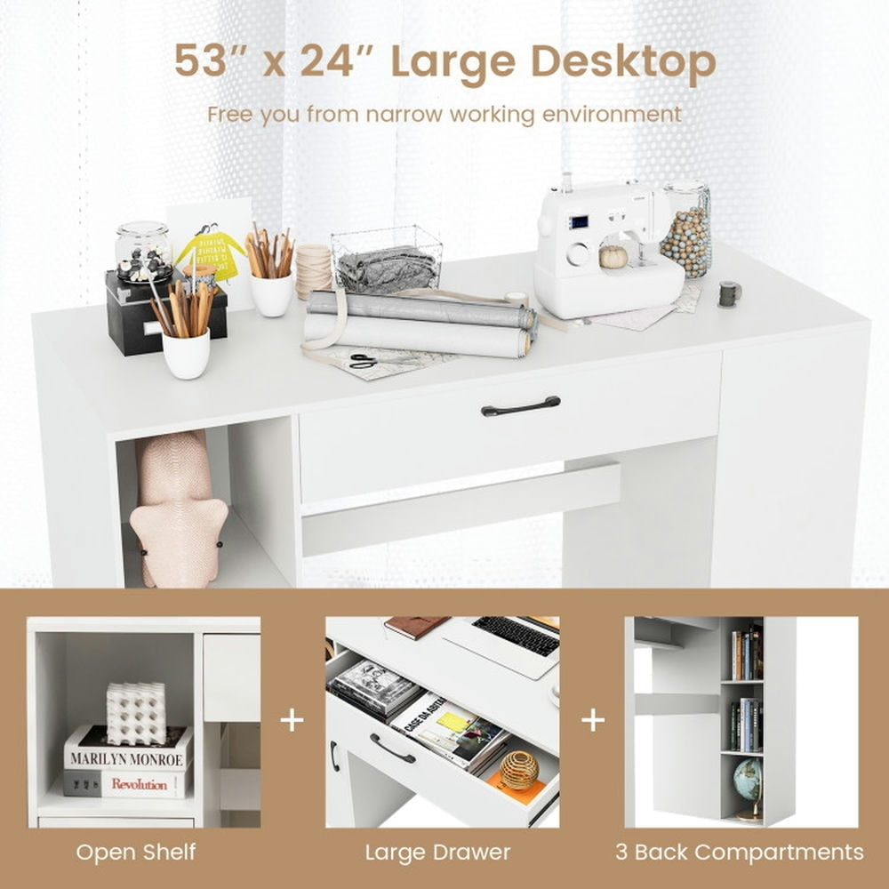 Hommoo Counter Height Sewing Craft Table Computer Desk with Adjustable Shelves and Drawer-White Image 6