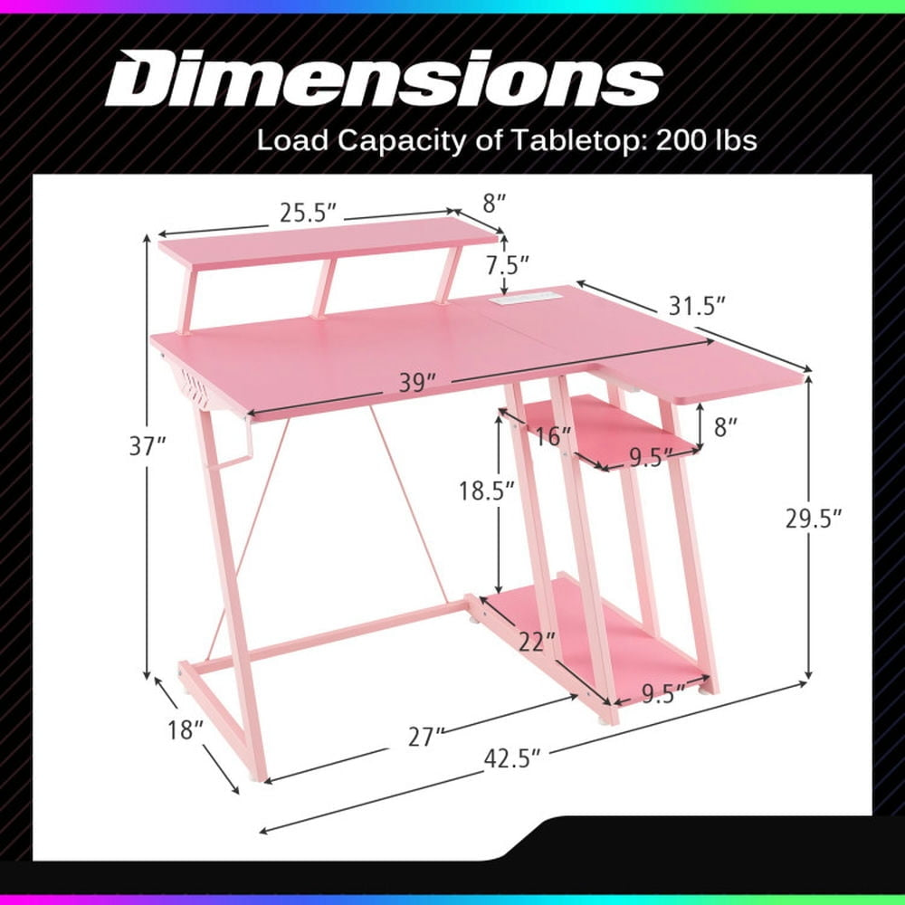 Hommoo L Shaped Gaming Desk with Outlets and USB Ports-Pink, Home Office Desks, Gaming Computer Desks for Image 2