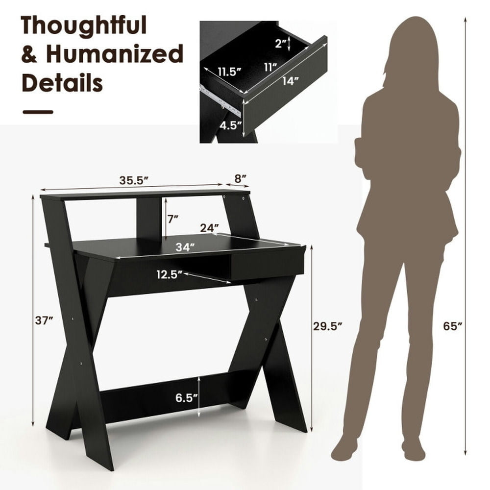 Hommoo Small Computer Desk with Storage Drawer-Black, Home Office Desks, Gaming Computer Desks for Study,Working,Writing Image 2