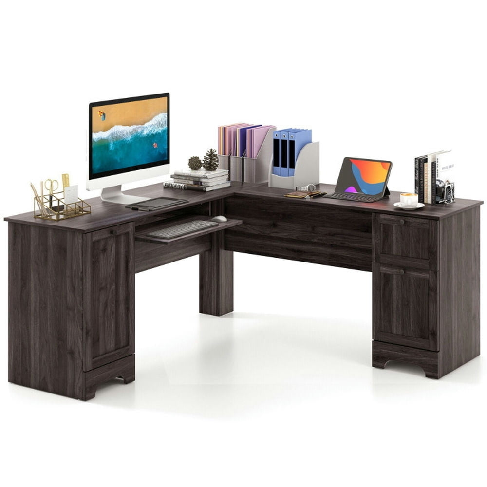 Hommoo L-Shaped Office Desk with Storage Drawers and Keyboard Tray-Dark Brown, Gaming Computer Desks for Image 1