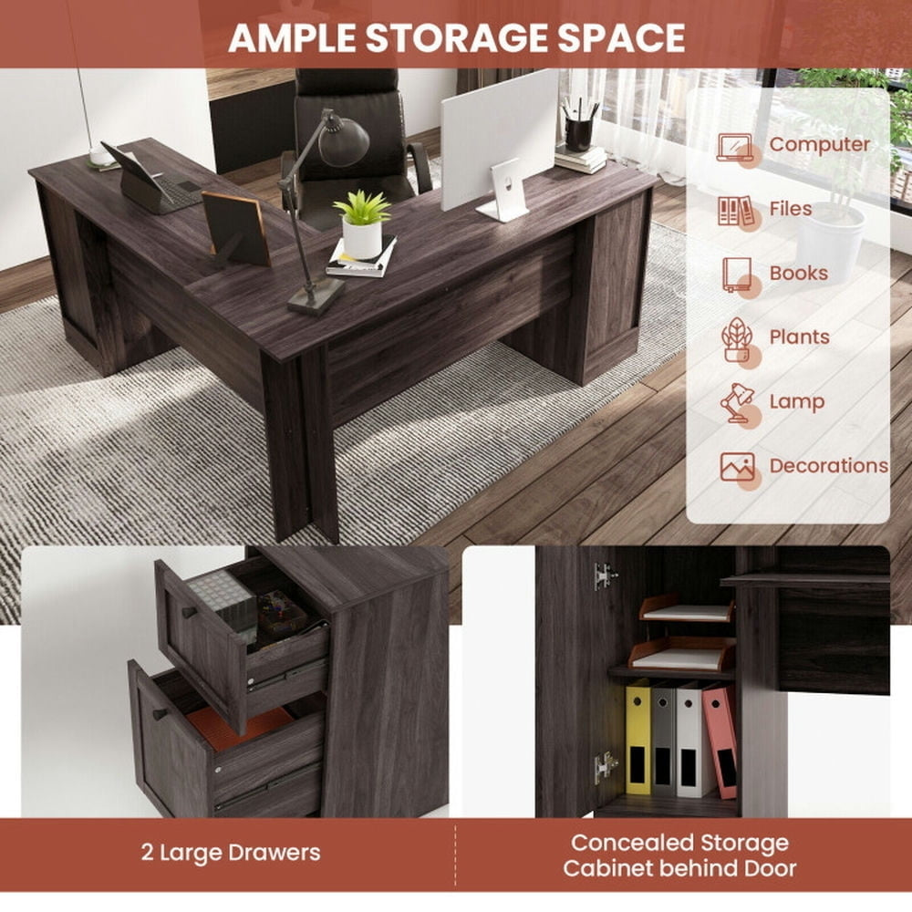 Hommoo L-Shaped Office Desk with Storage Drawers and Keyboard Tray-Dark Brown, Gaming Computer Desks for Image 2