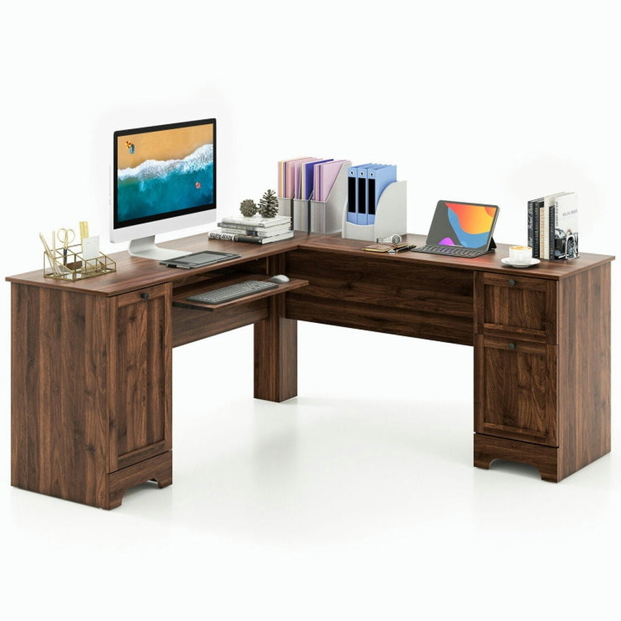 Hommoo L-Shaped Office Desk with Storage Drawers and Keyboard Tray-Walnut, Gaming Computer Desks for Image 1