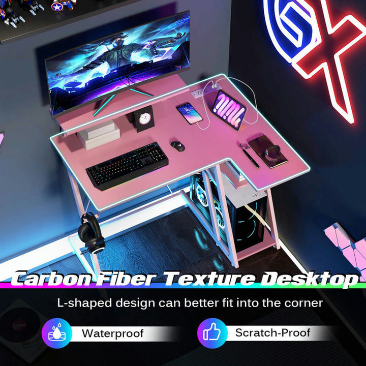 Hommoo L Shaped Gaming Desk with Outlets and USB Ports-Pink, Home Office Desks, Gaming Computer Desks for Image 3