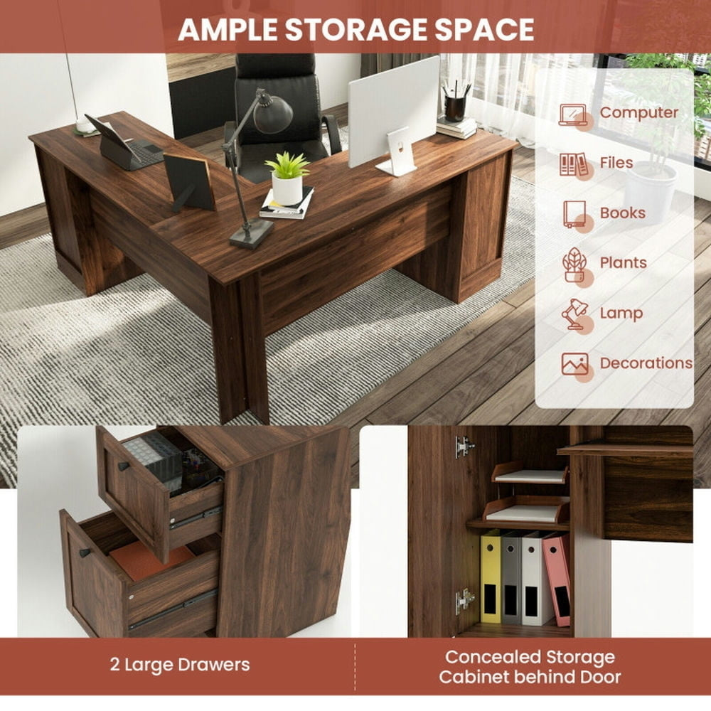 Hommoo L-Shaped Office Desk with Storage Drawers and Keyboard Tray-Walnut, Gaming Computer Desks for Image 2