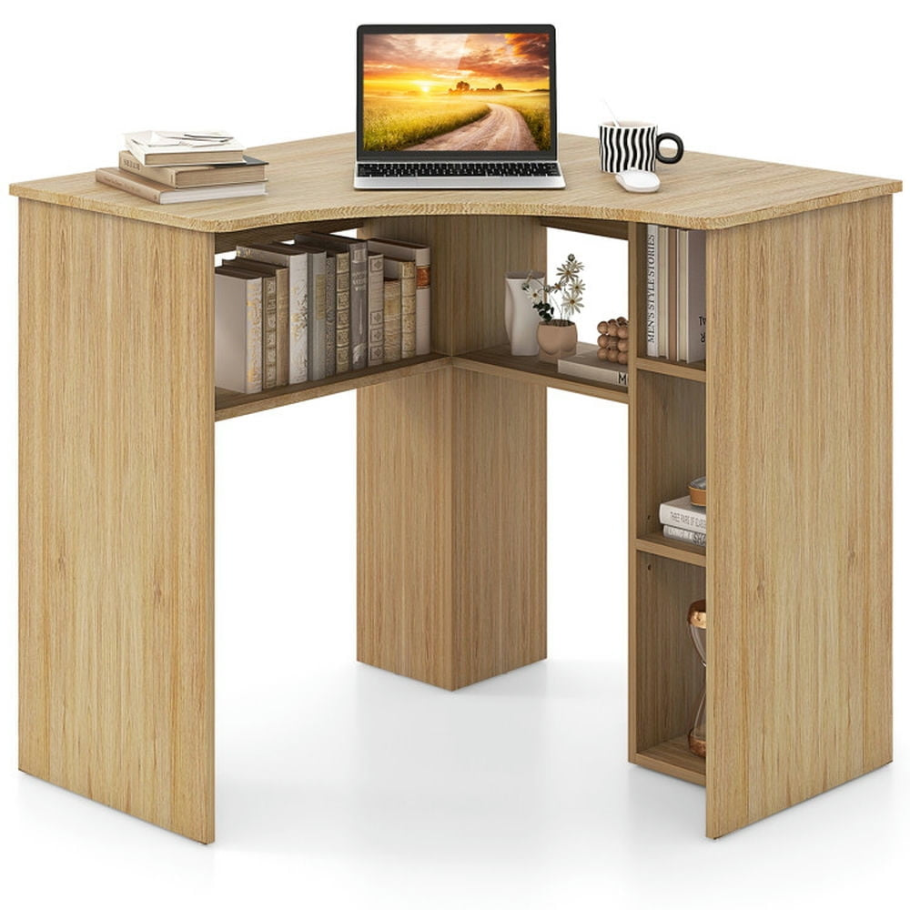 Hommoo Corner Computer Desk Triangle Home Office Desk with Adjustable Shelf and Arc-Shaped Profile-Natural Image 1