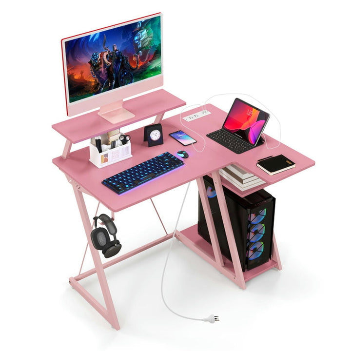 Hommoo L Shaped Gaming Desk with Outlets and USB Ports-Pink, Home Office Desks, Gaming Computer Desks for Image 4