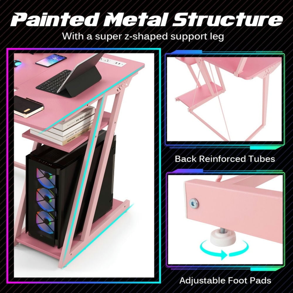 Hommoo L Shaped Gaming Desk with Outlets and USB Ports-Pink, Home Office Desks, Gaming Computer Desks for Image 5