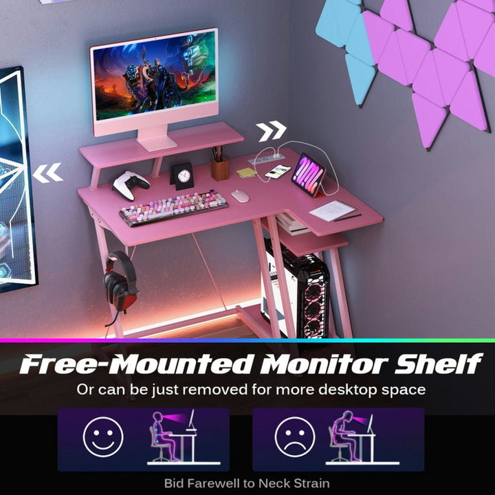 Hommoo L Shaped Gaming Desk with Outlets and USB Ports-Pink, Home Office Desks, Gaming Computer Desks for Image 6