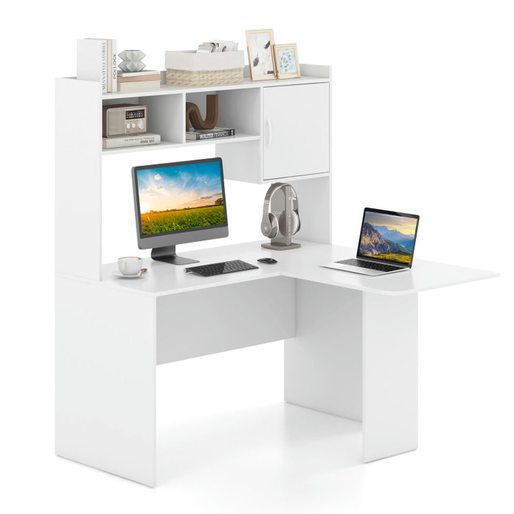 Hommoo L-Shaped Desk Corner Computer Desk with Open Storage Hutch and Cabinet-White, Gaming Computer Desks for Image 1