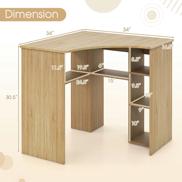 Hommoo Corner Computer Desk Triangle Home Office Desk with Adjustable Shelf and Arc-Shaped Profile-Natural Image 3